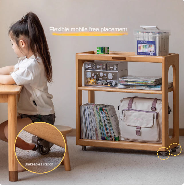 Beech Solid Wood Children's Under-Table Bookshelf with Wheels