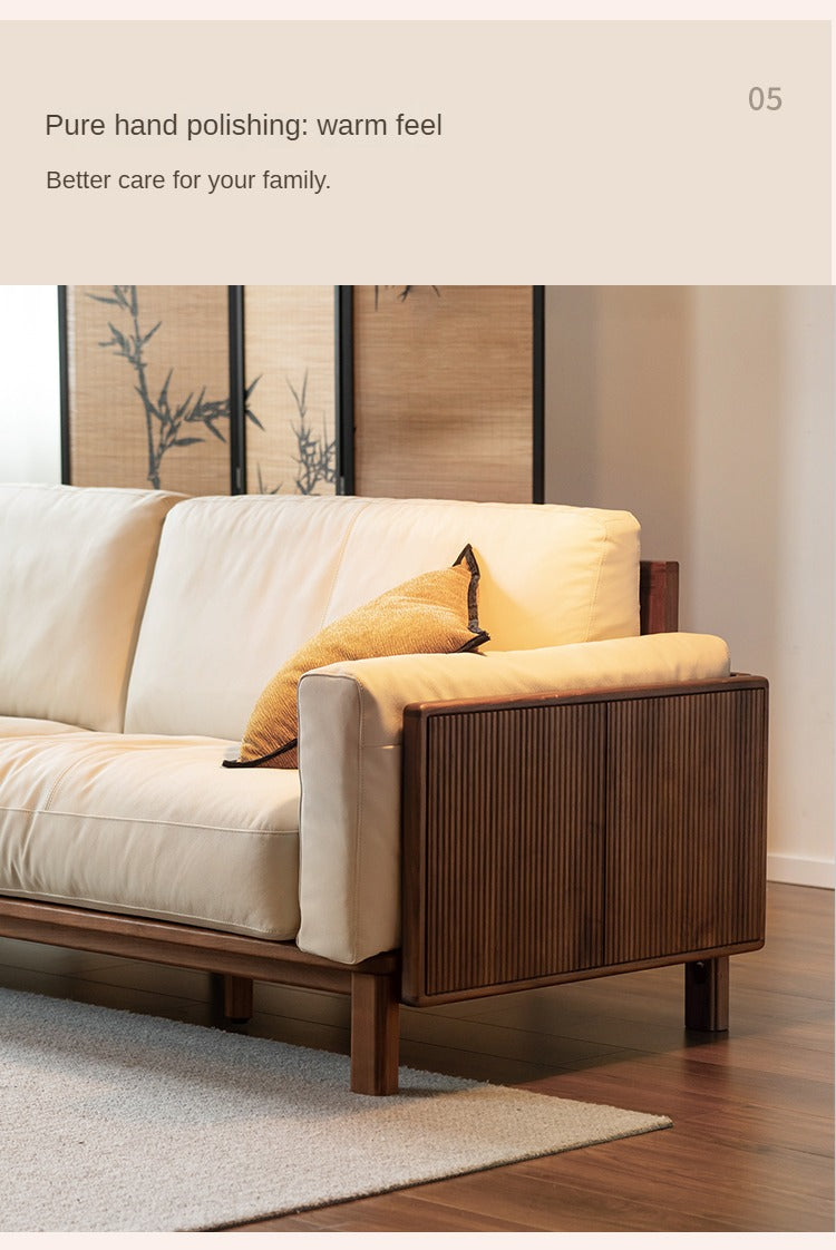 Black Walnut, Ash Solid Wood Leather High Back Sofa,