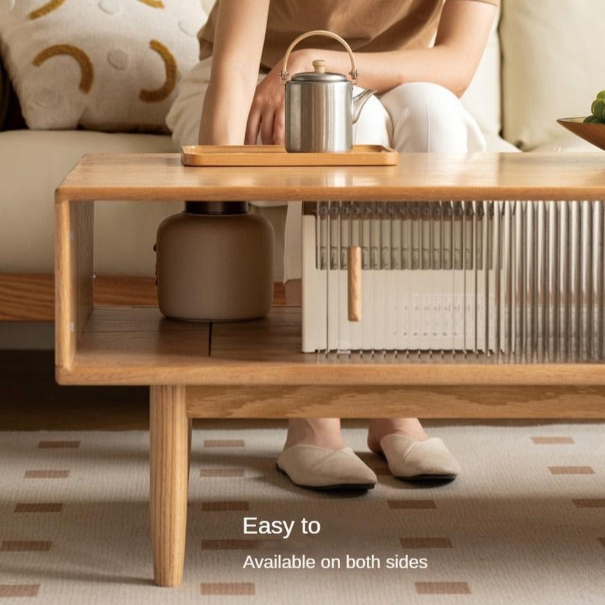 Oak, Beech, Solid Rubberwood Glass Doors Coffee Table