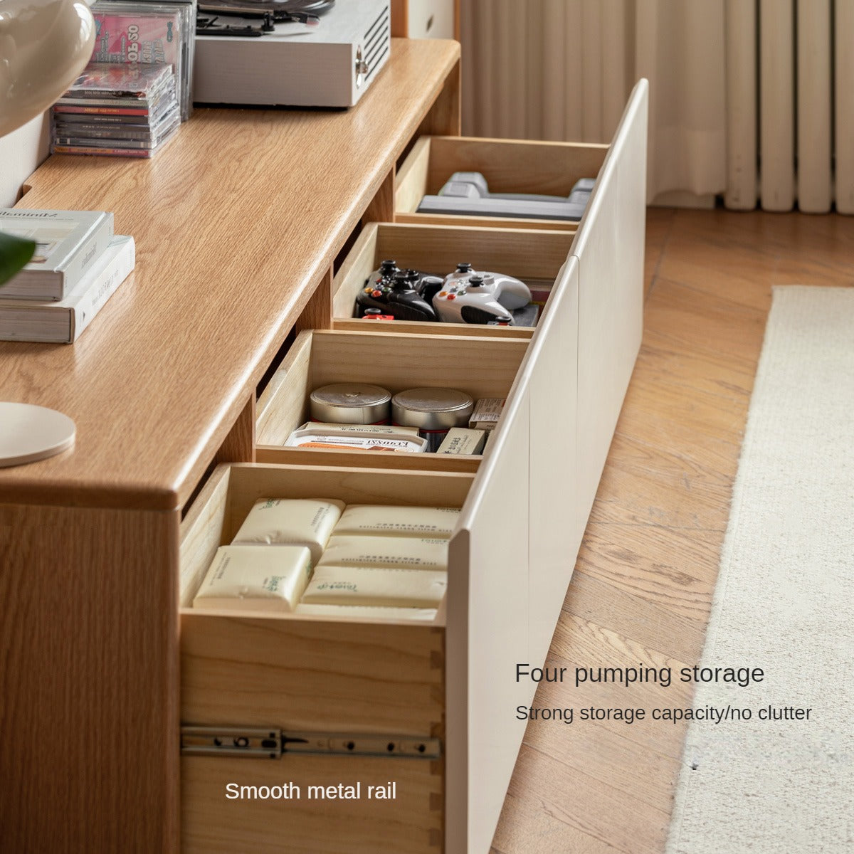 Beech, Oak Solid Wood Modern White Integrated Log Floor TV Cabinet.