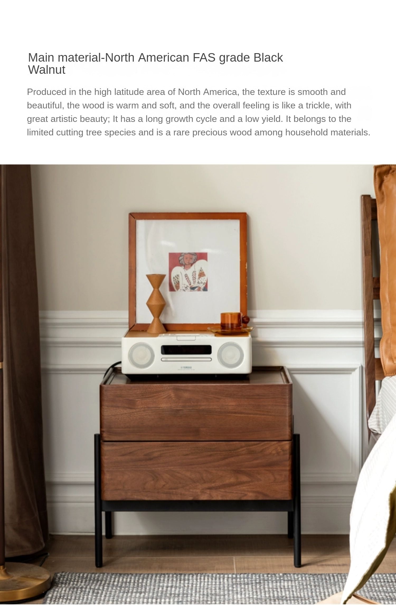 Black Walnut, Oak, South American Walnut Solid Wood Nightstand.