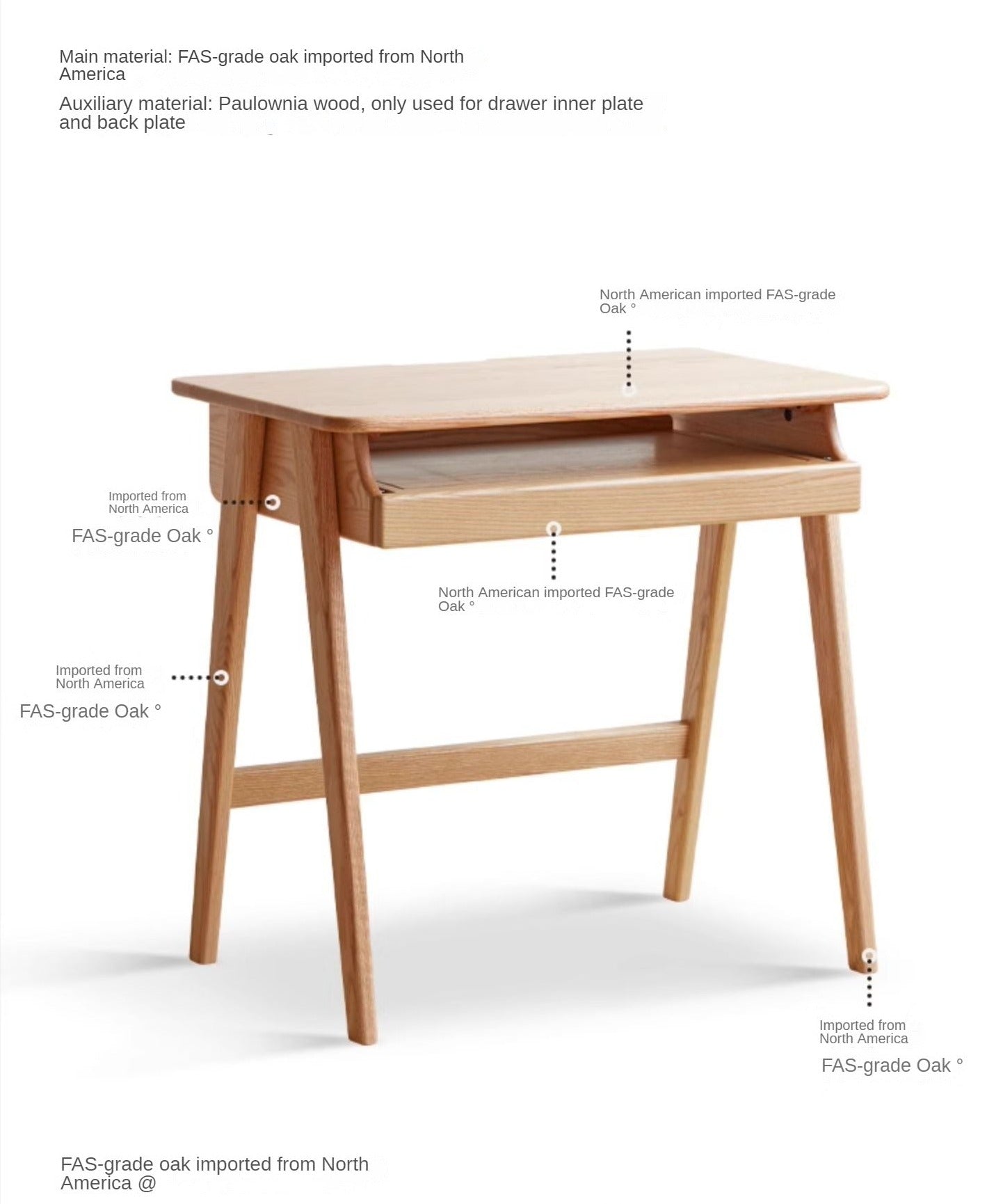 Oak, Solid Rubberwood Narrow Study Desk with Drawers
