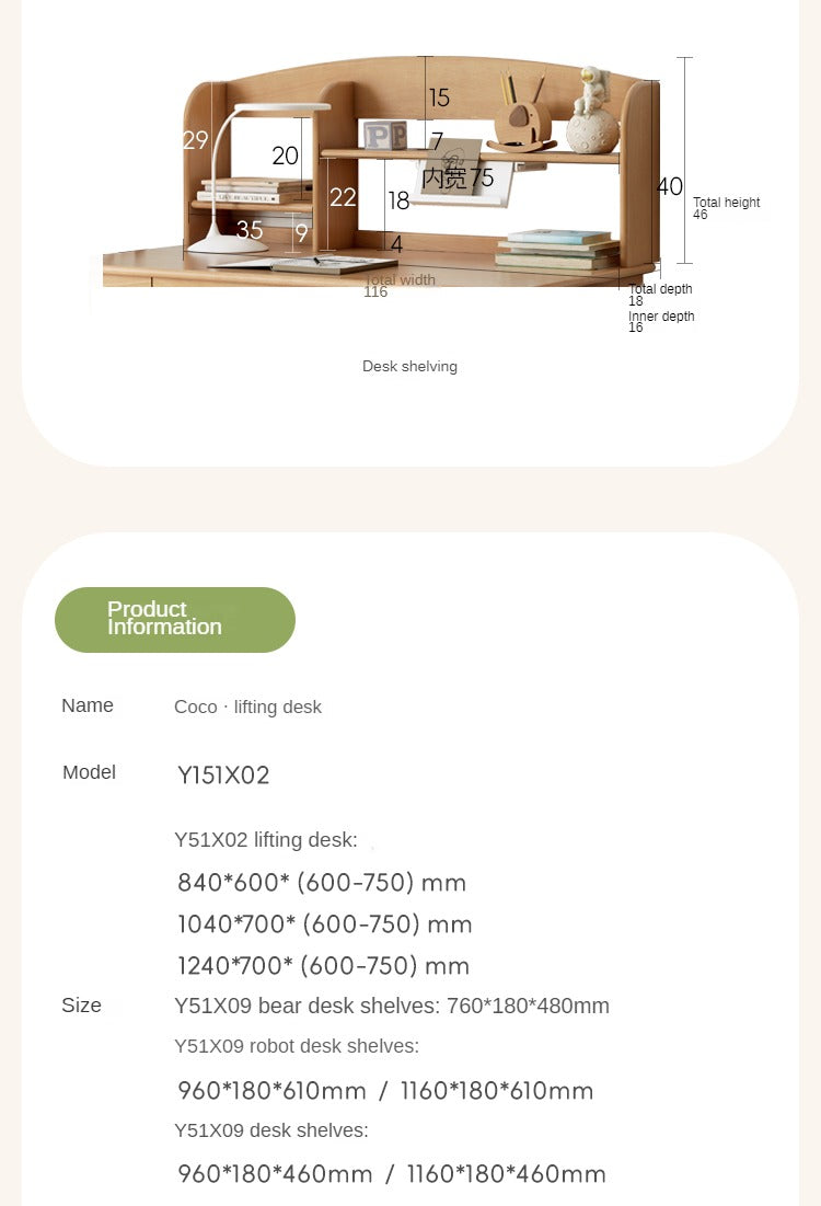 Beech Solid Wood Lifting Desk Bookshelf Combination