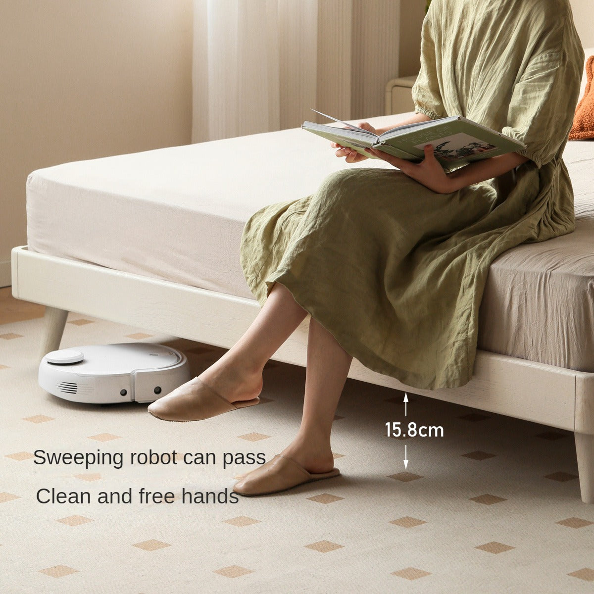 Oak Solid Wood Bed — Cream Style with White Harp Design, Home Charging Soft Backrest