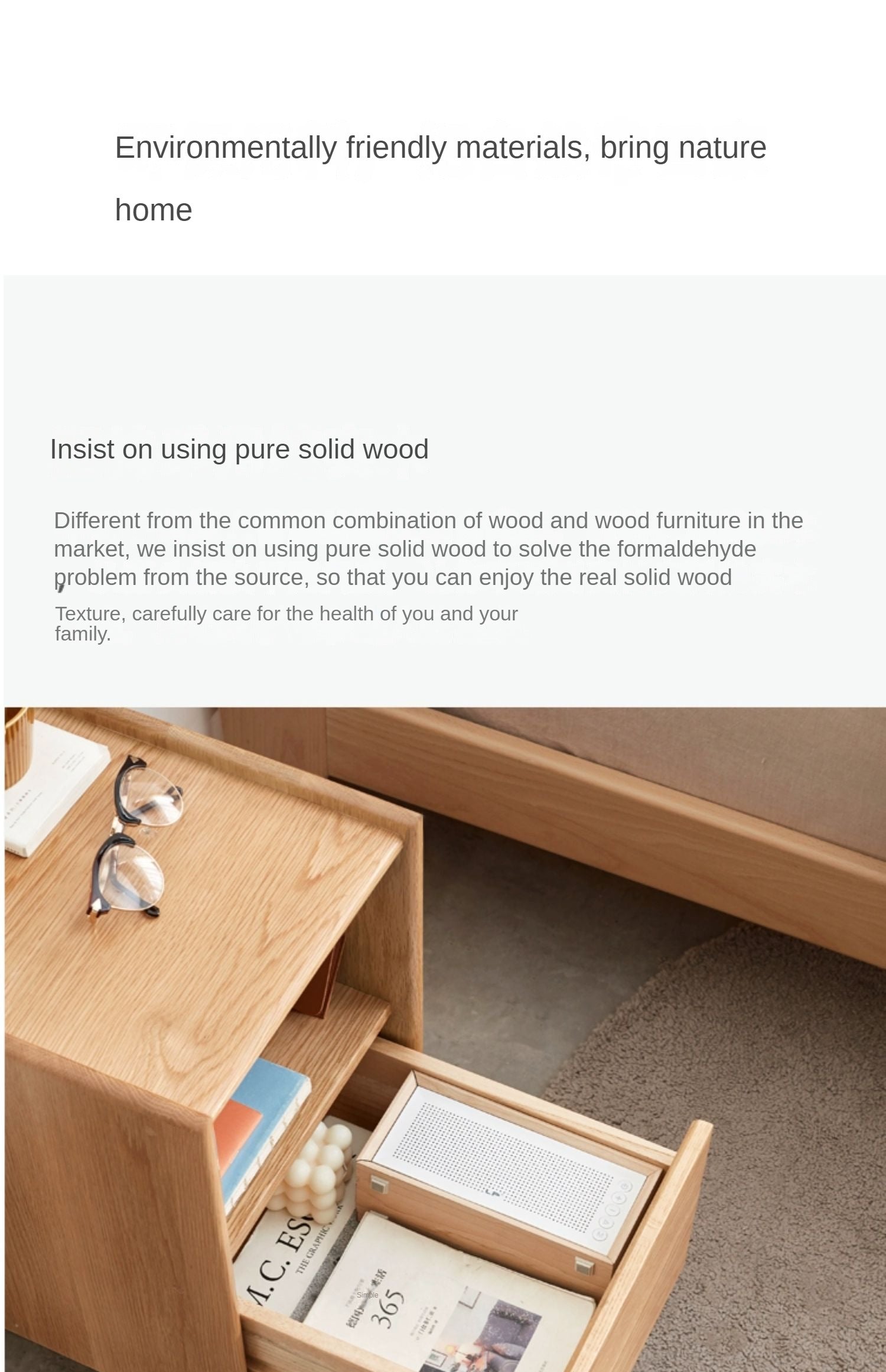 Oak Solid Wood, Solid Rubberwood Ultra-Narrow Nightstand.
