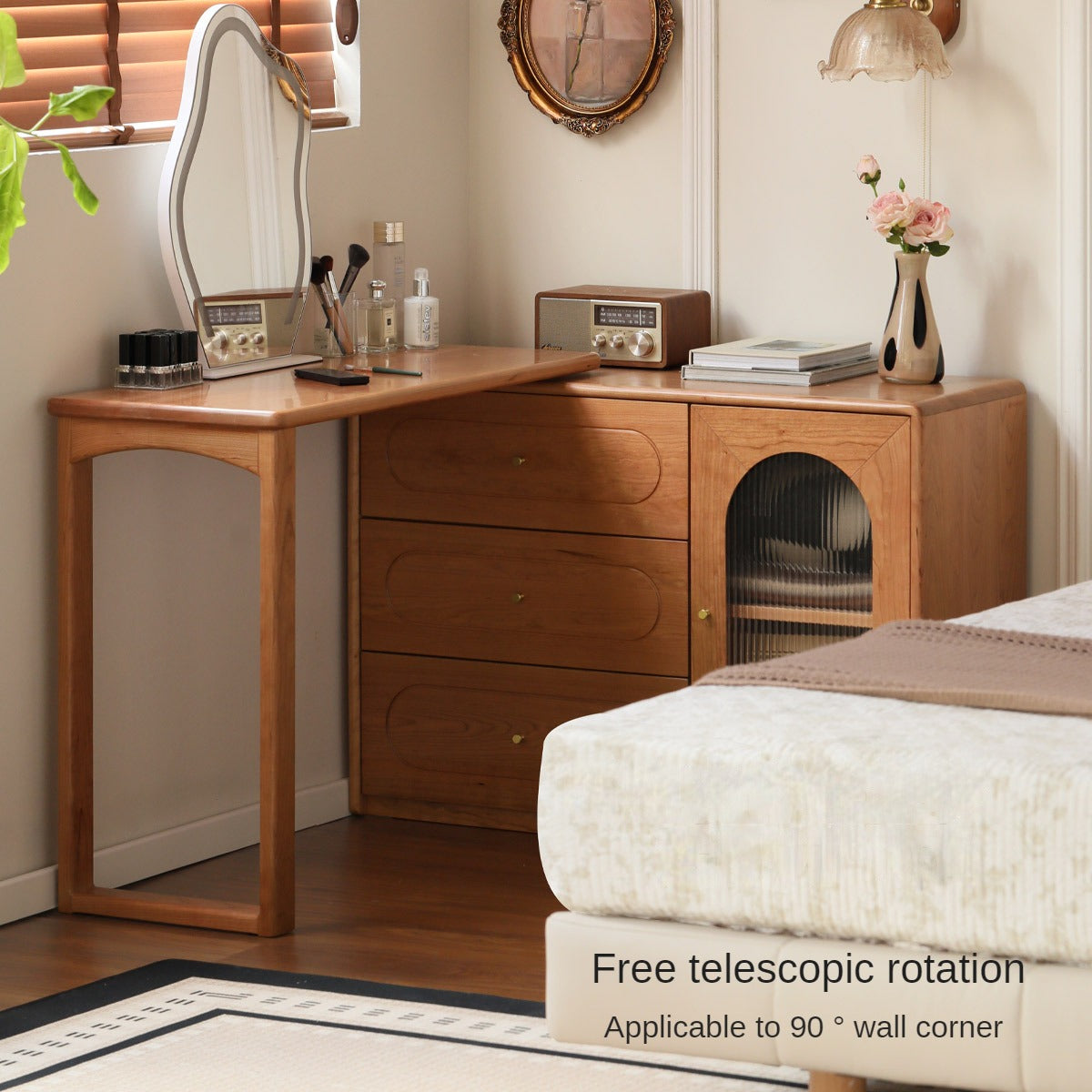 Cherry Solid Wood Retractable French Retro Dressing Table.