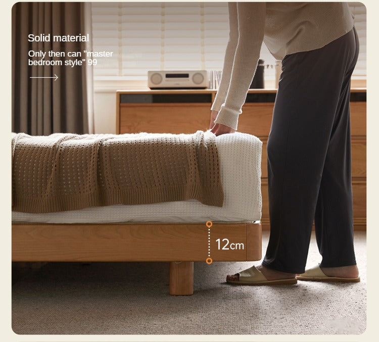 Cherry Wood Solid Wood Platform Bed, Headboard-Free Bed with Light