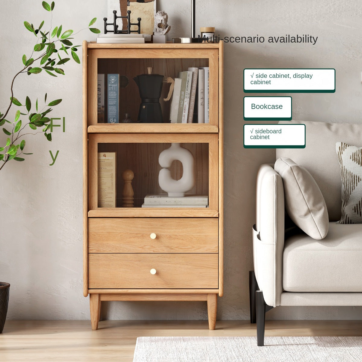 Oak, Ash Solid Wood Flip Door Side Cabinet LED Light