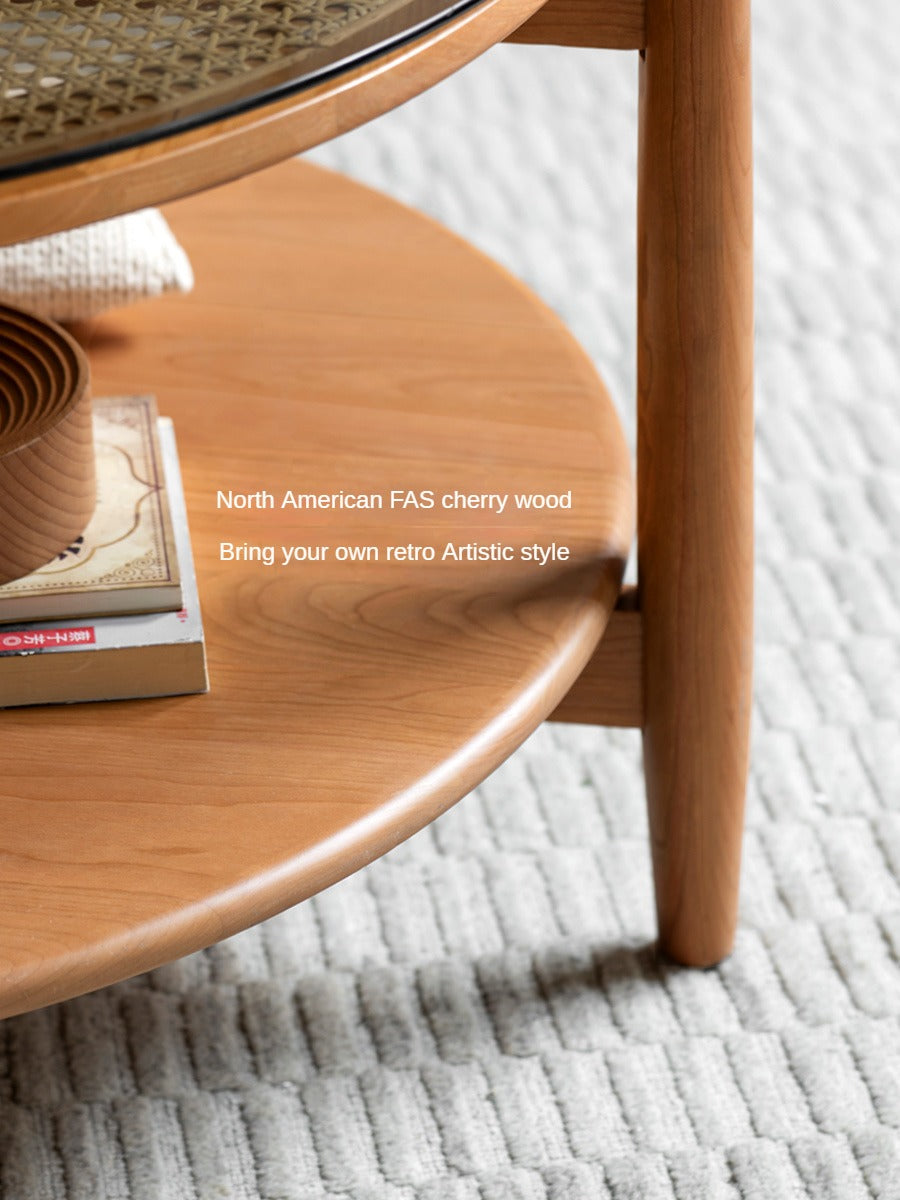 Cherry Wood Rattan Vine Weaving Glass Retro Coffee Table Combination