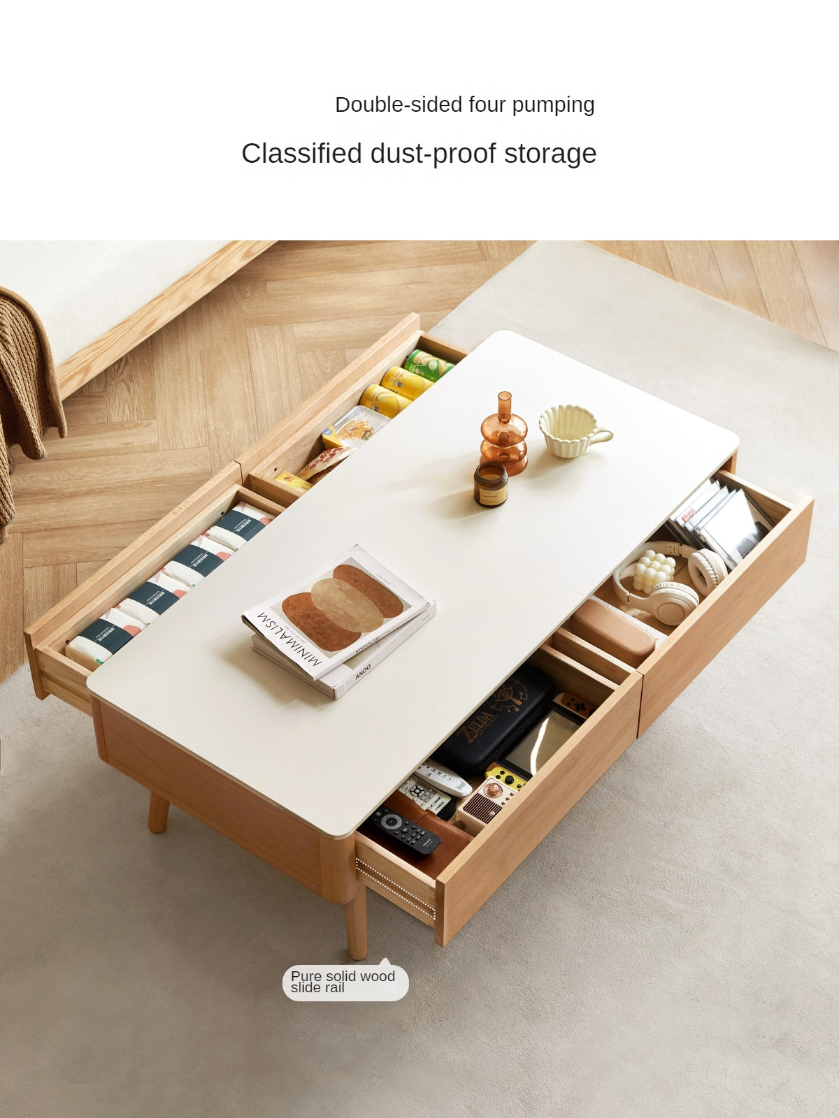 European Beech Solid Wood Storage Rock Board Coffee Table