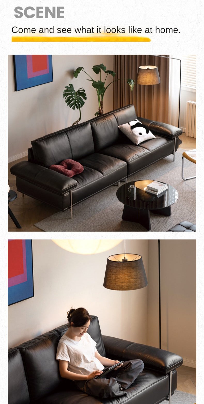 Leather Italian First Layer Yellow Cowhide Straight Sofa.