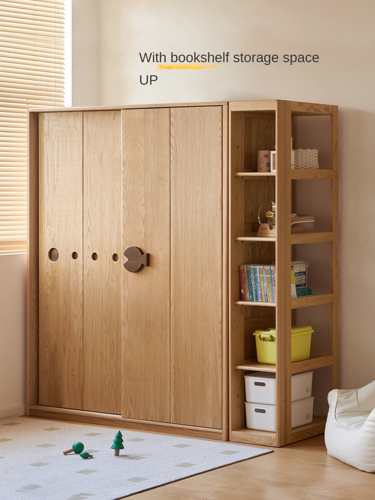Oak Solid Wood Children's Sliding Door Wardrobe Storage Cabinet