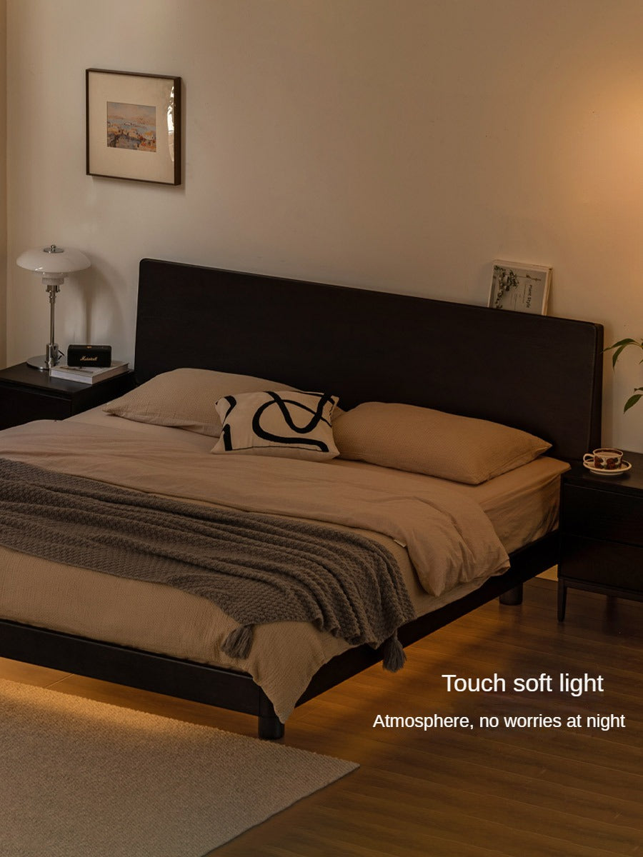 Oak Solid Wood Nordic Floating Bed — Modern Minimalist Black with Light