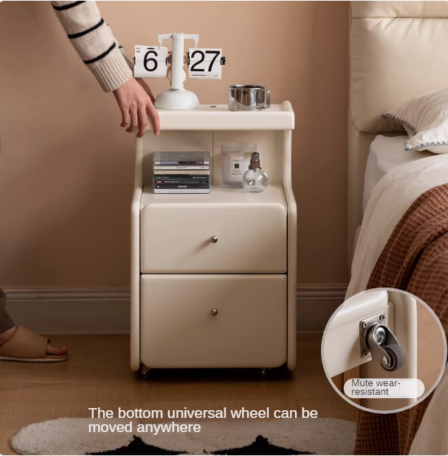 Solid RubberWood Movable Cream Style Nightstand With Light