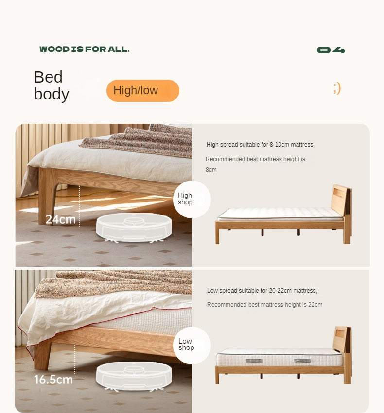 Oak, Beech Solid Wood With Light And Bookshelf Bed