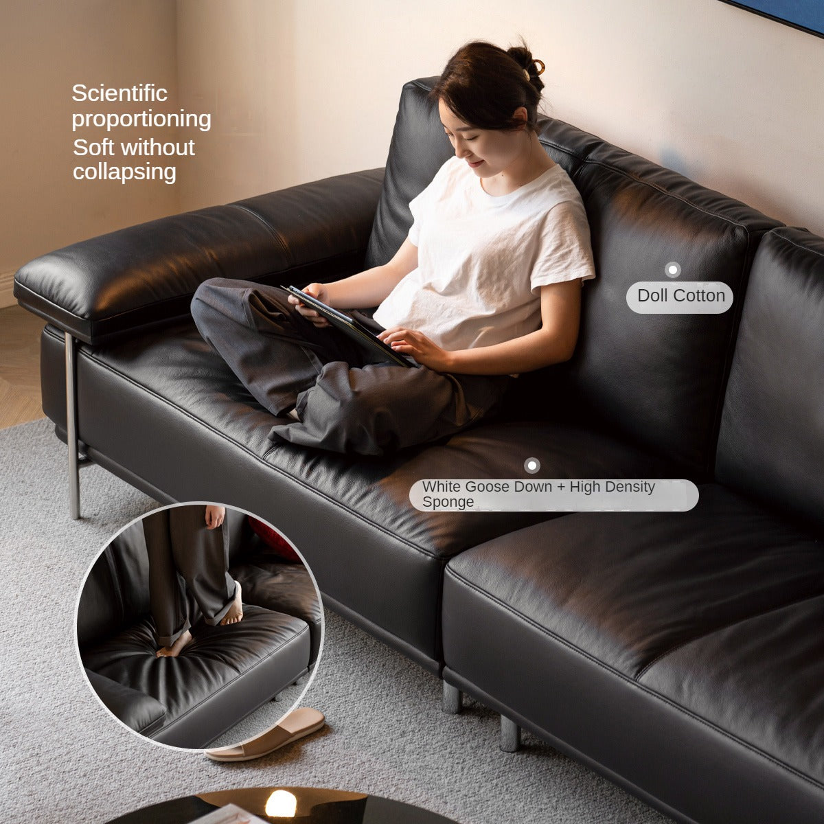 Leather Italian First Layer Yellow Cowhide Straight Sofa.