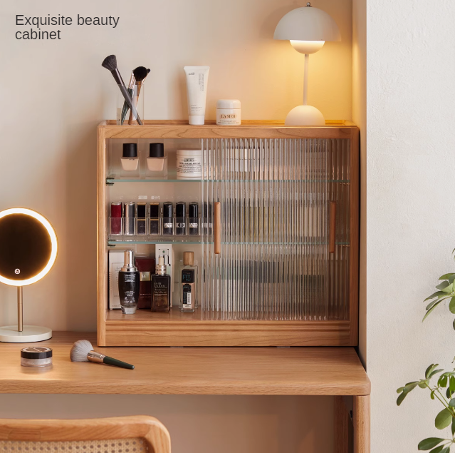 Cherry Solid Wood Glass Sliding Door Sideboard.