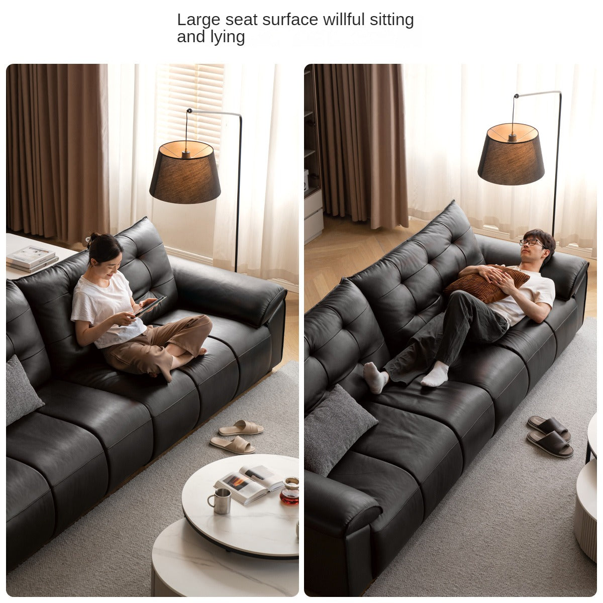 Genuine Leather Oversized Tufted Deep-Cushion Sofa