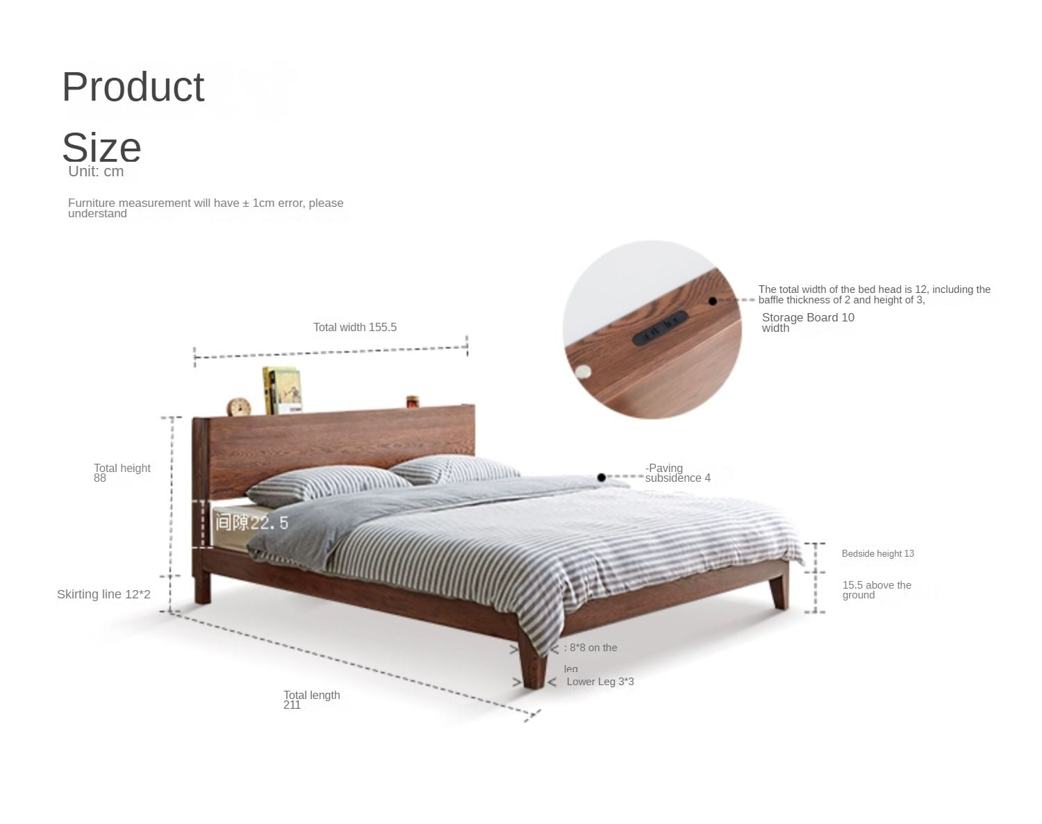 Modern oak solid wood Walnut color bed LED night lights"