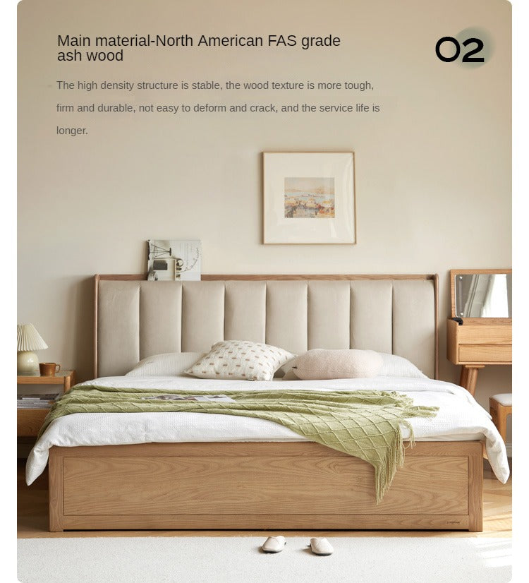 Ash Solid Wood Genuine Leather, Technical Cloth Box Storage Bed