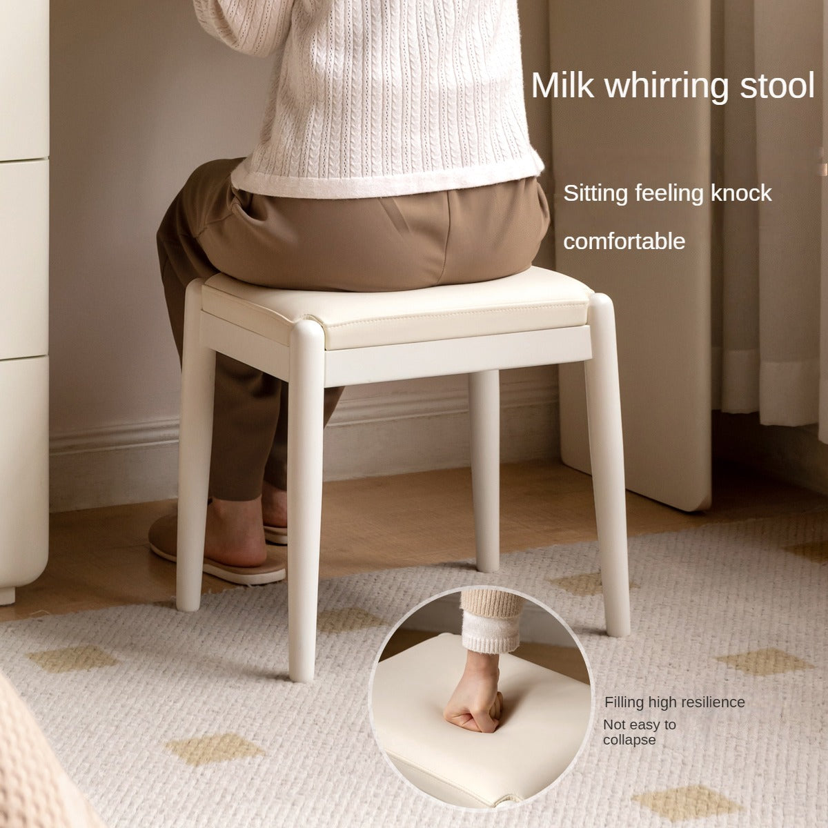 Birch Solid Wood, Solid Rubberwood Modern White Makeup Stool