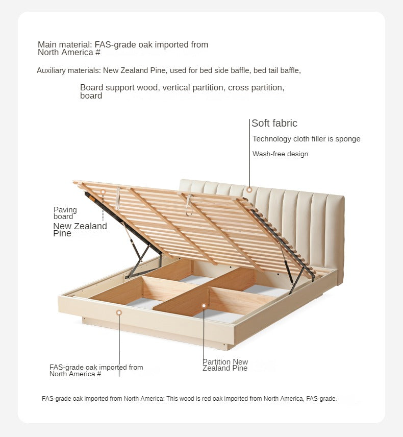 Oak, Rubber Wood Solid Wood Cream Technical Fabric Suspended Box Storage Bed