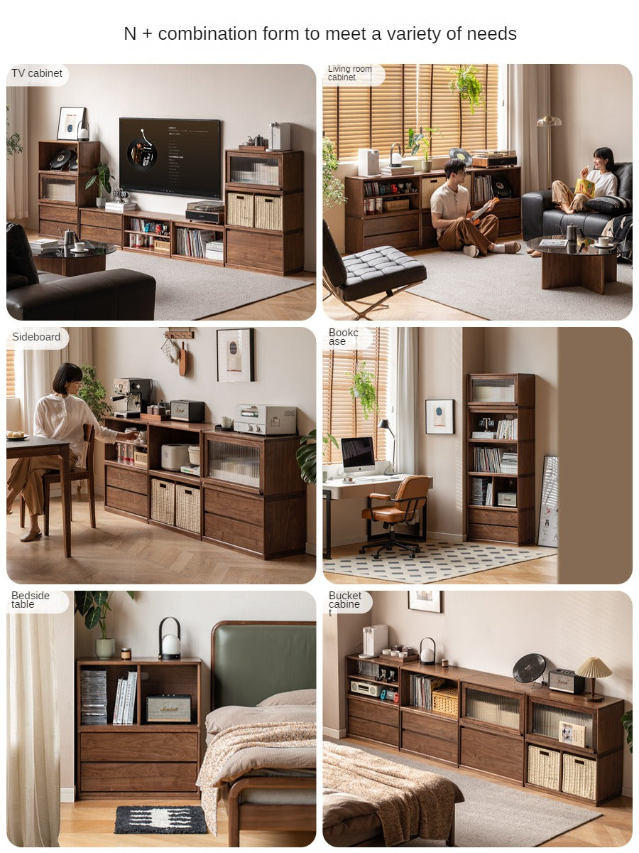 Black Walnut, Oak Solid Wood TV Cabinet Modern Module Combination Storage.