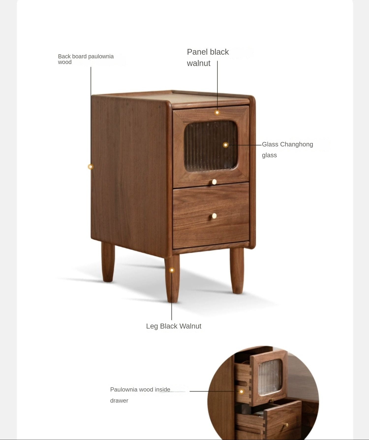 Black Walnut Solid Wood Fluted Glass Door Nightstand with Drawer