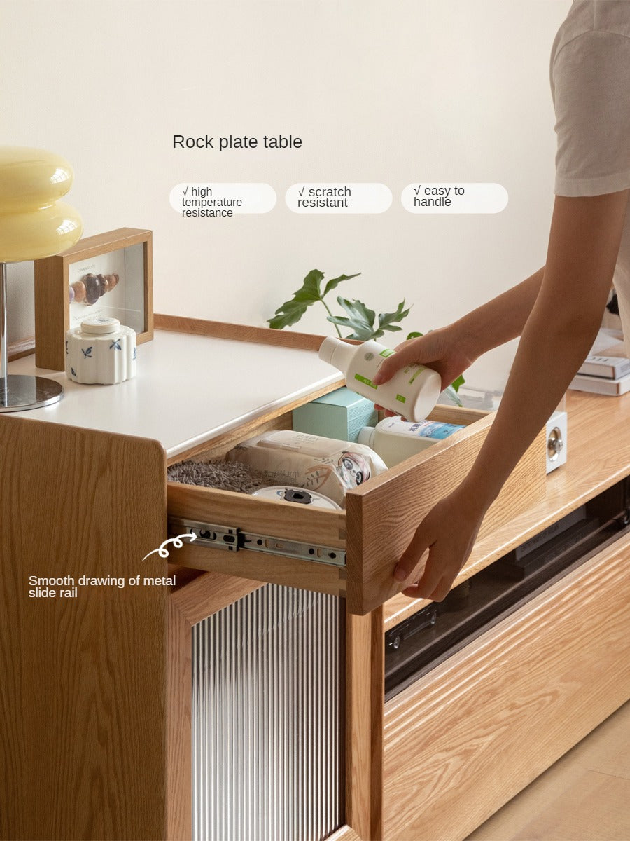 Oak Solid Wood Sweeping Robot Storage Side Cabinet Rock Slab.