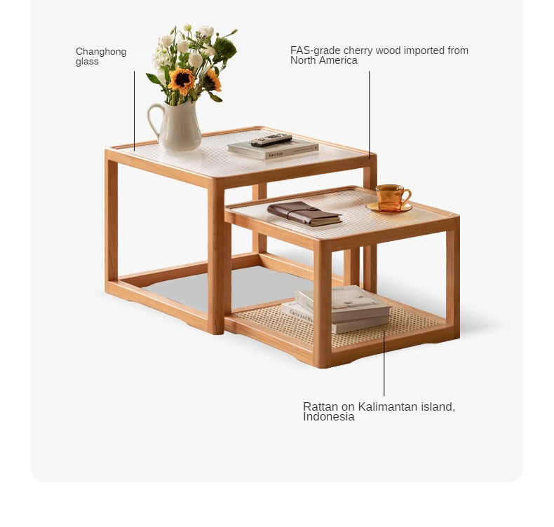Cherry Solid Wood Square Retro Rattan Coffee Table