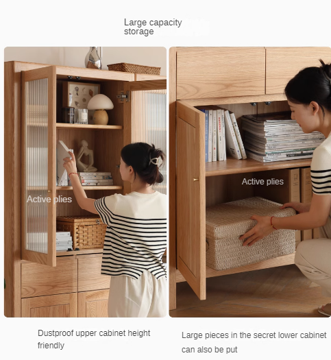 Oak Solid Wood Bookcase With Glass Door.