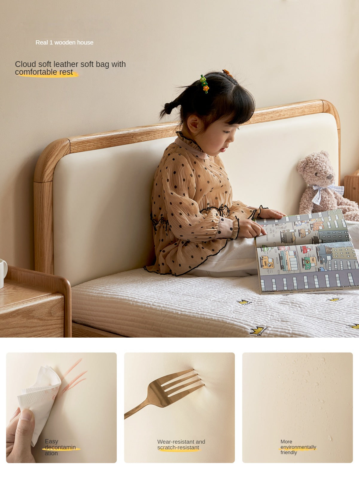 Oak solid wood children's bed with organic leather<