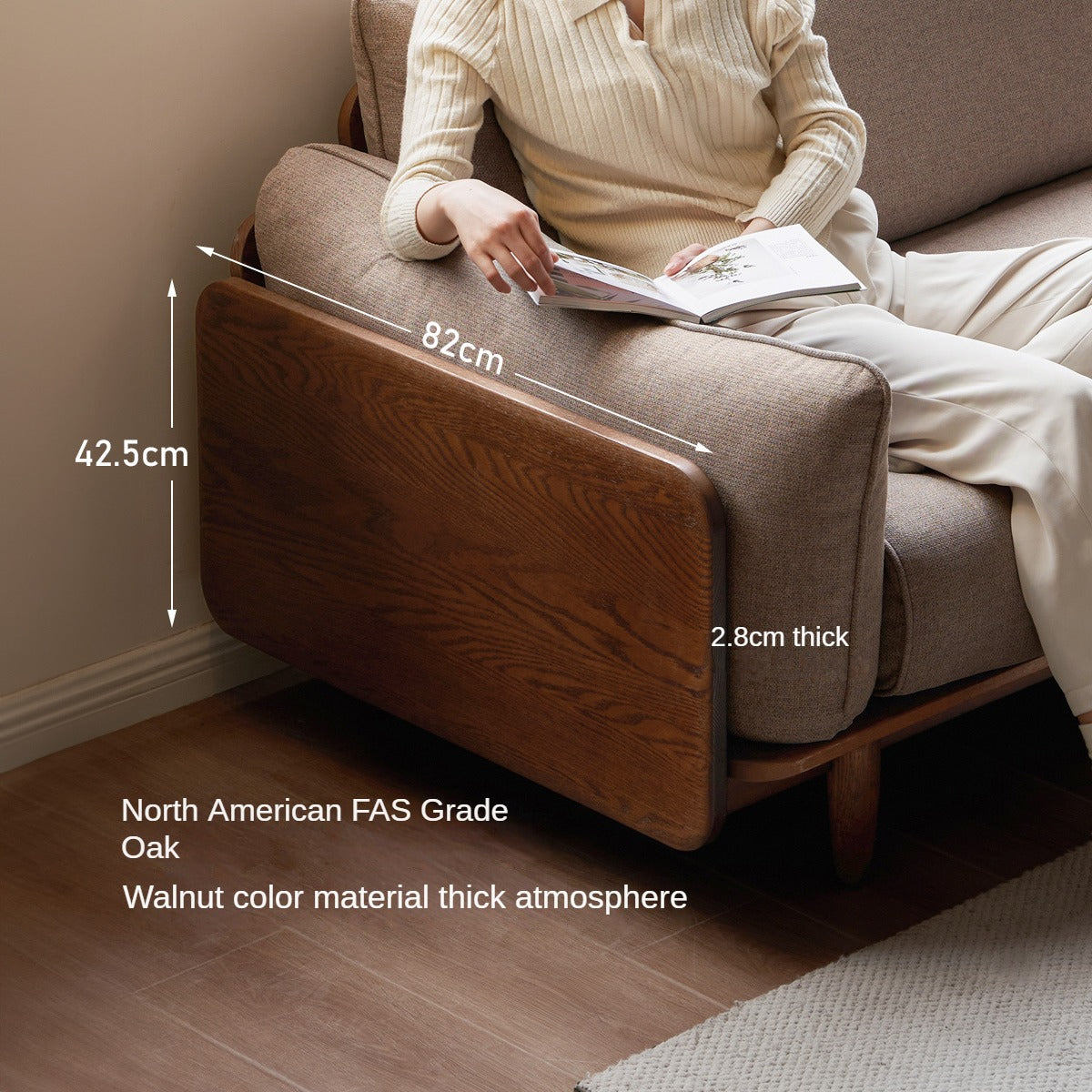 Oak Solid Wood Leather, Fabric Straight Sofa.