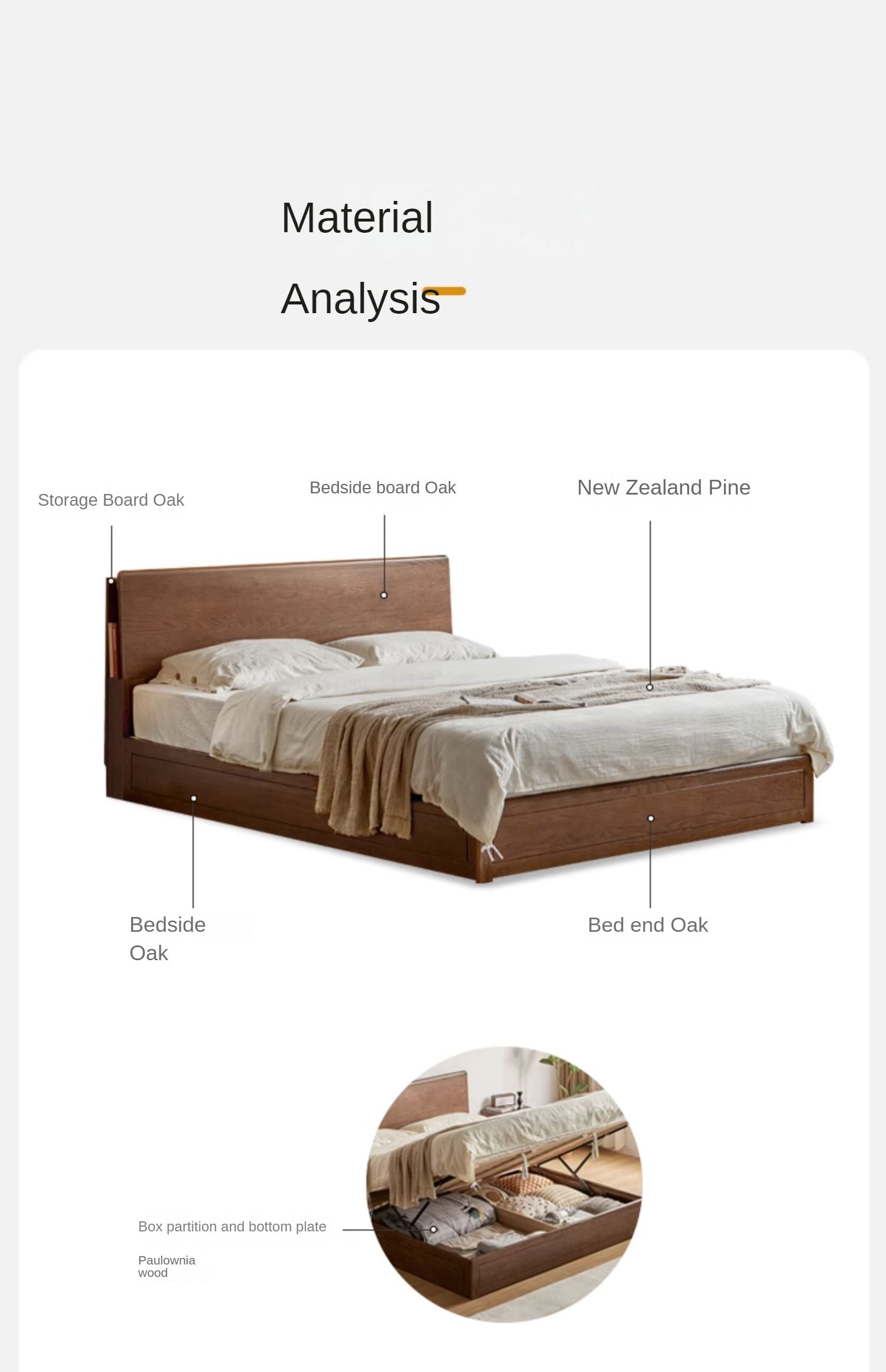 Oak, Rubberwood Solid Wood, Multifunctional Storage Box Bed