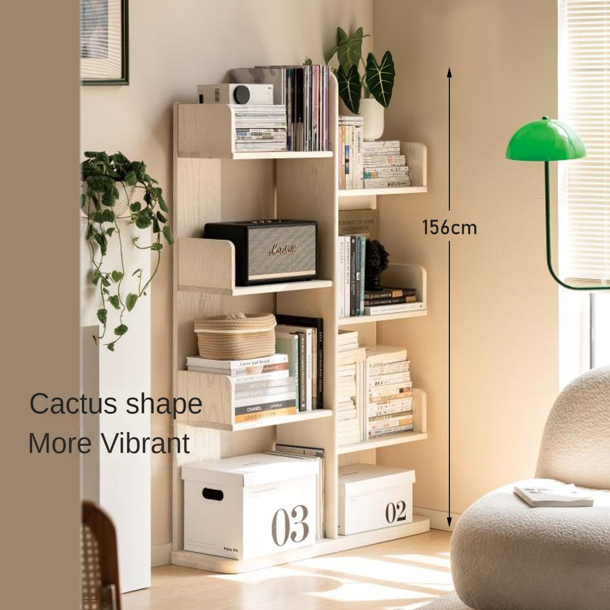 Oak Solid Wood Floor to Floor Cream Cactus Shelf Corner Bookcase Display<