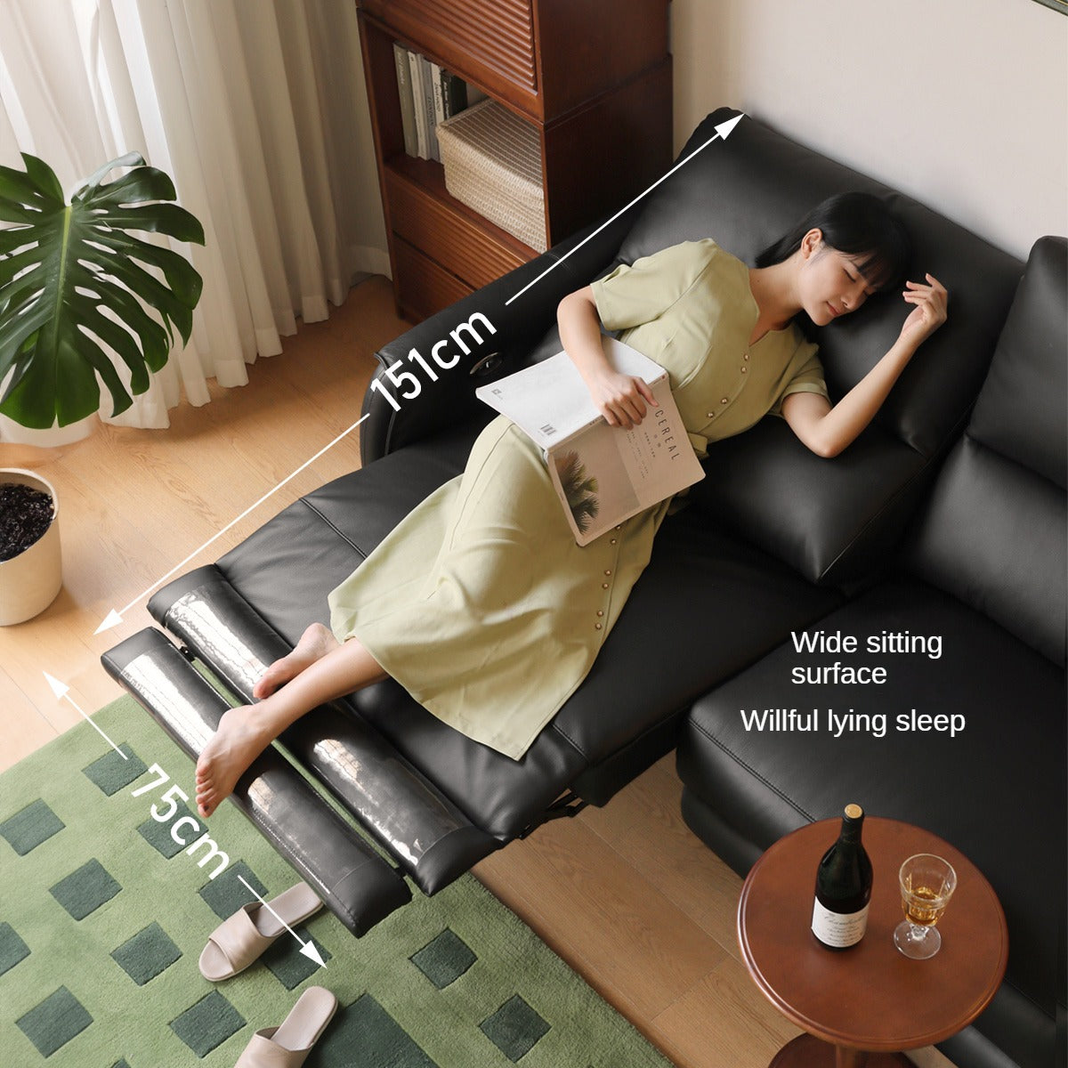 Leather Top Layer Yellow Cowhide Black Multifunctional Electric Sofa,