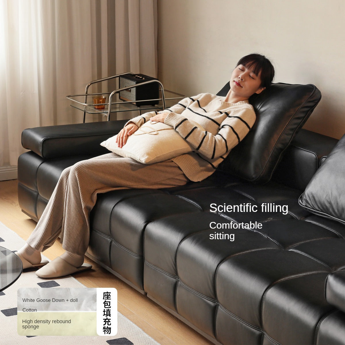 Leather Sofa Italian Black Straight Head Layer Yellow Cowhide.