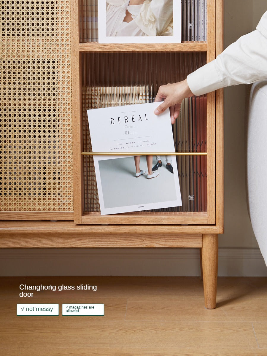 Oak Solid Wood Sliding Door Storage LED lights, Side Cabinet.