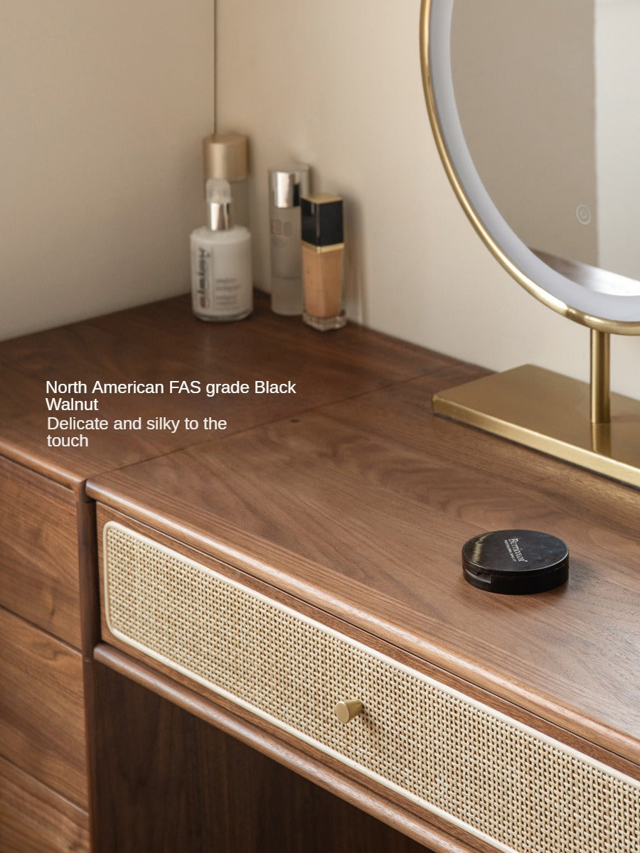 Black Walnut Solid Wood Rattan Dressing Table.