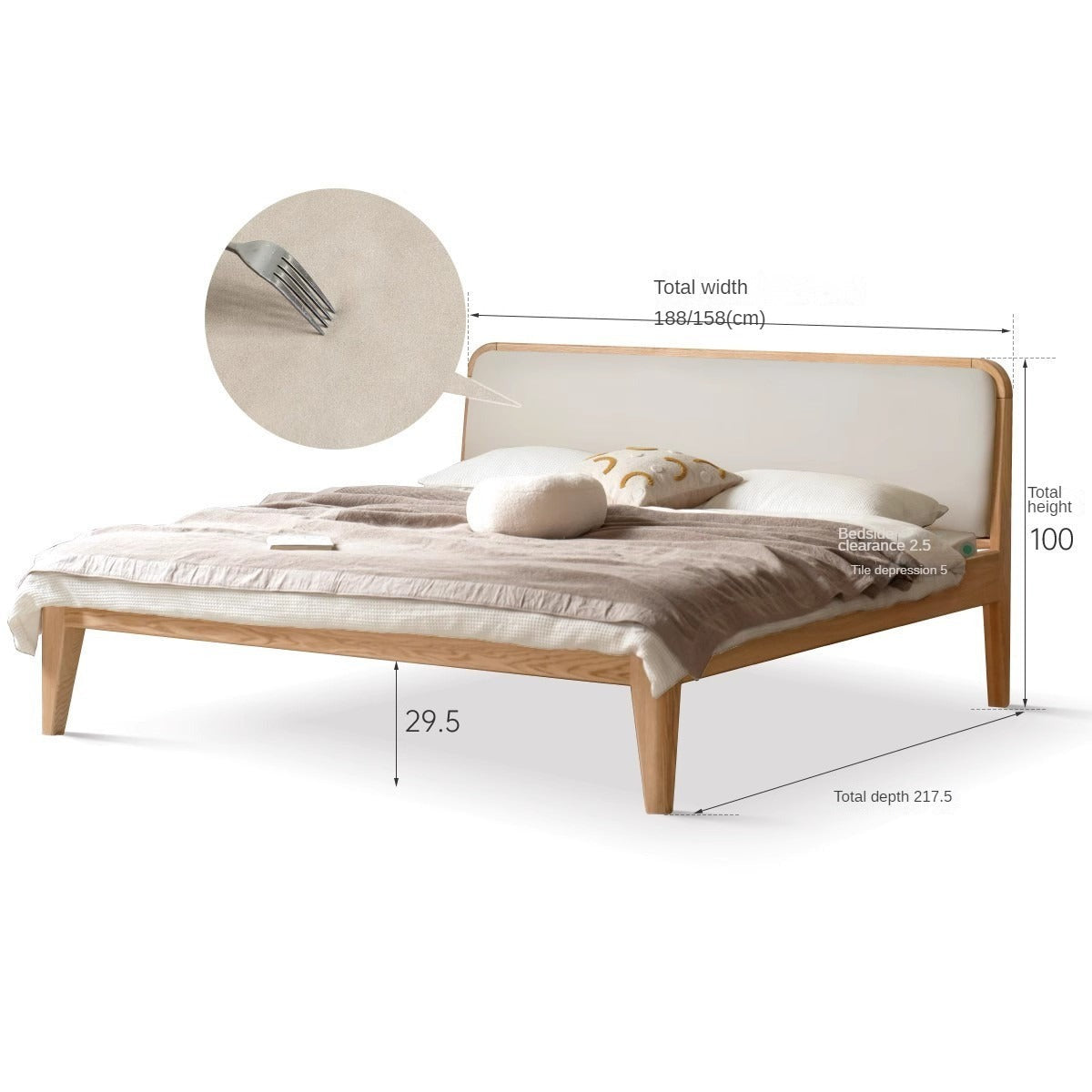 Oak Solid Wood Bed Modern Genuine Leather,Technology Cloth, Fabric