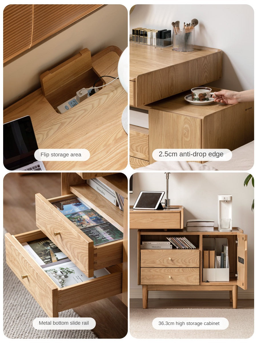 Ash Solid Wood Retractable Desk with Cabinet, Home Office