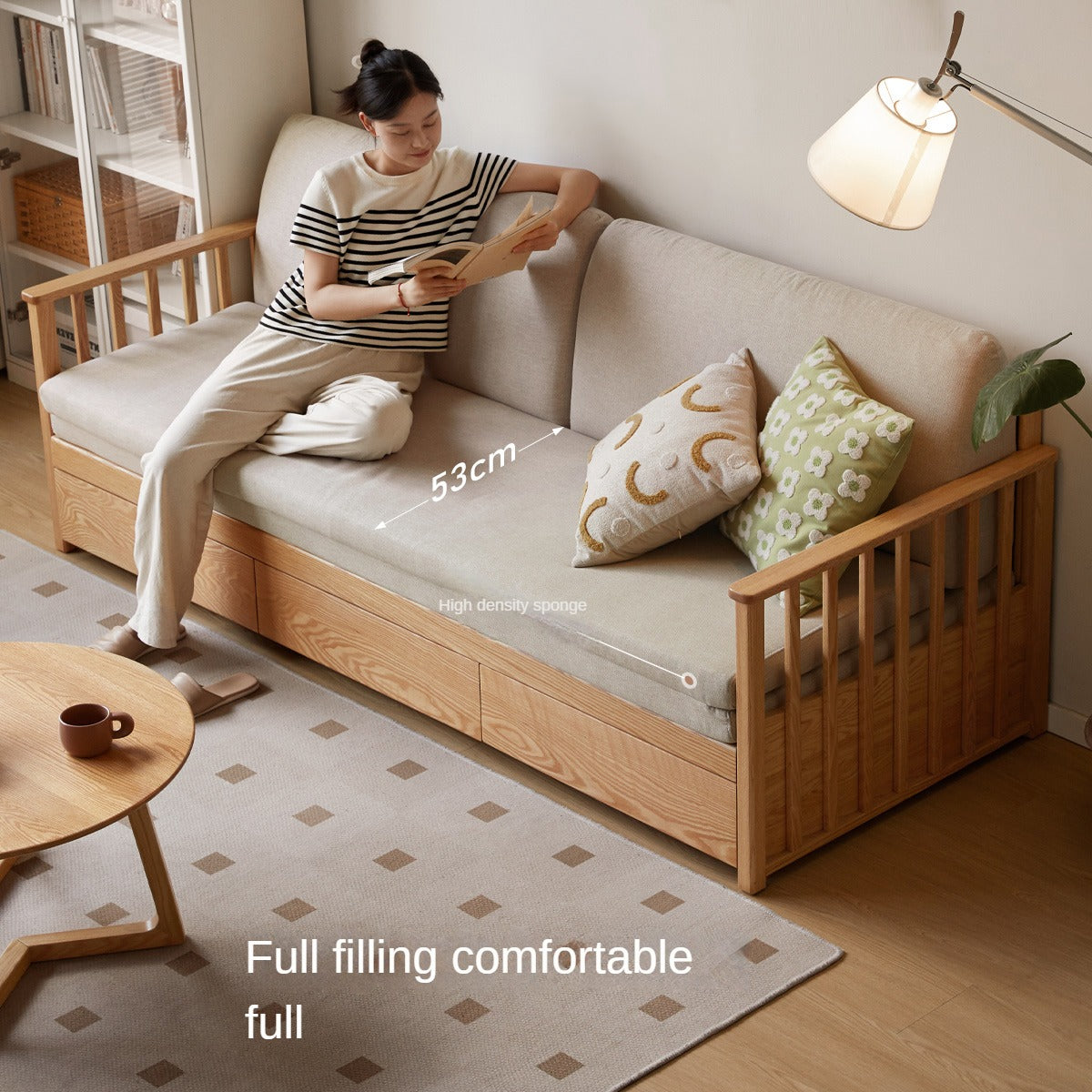 Oak Solid Wood Sitting and Sleeping Dual-purpose Storage Sofa.