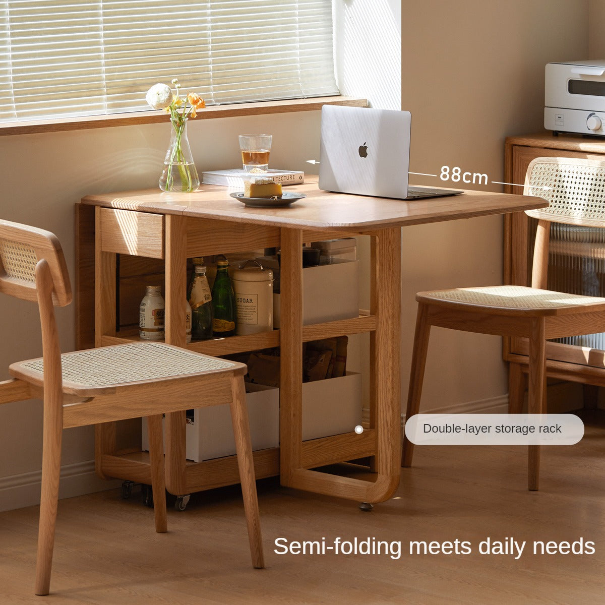 Oak Solid Wood Folding Multi-Functional Storage Telescopic Dining Table