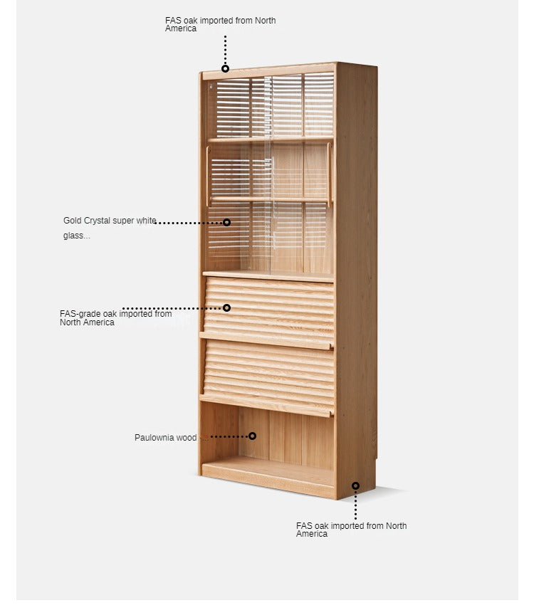 Oak, Beech Solid Wood Bookcase With Glass Door Floor-Standing Bookshelf Multi-Layer Storage Rack Free Combination Display Cabinet