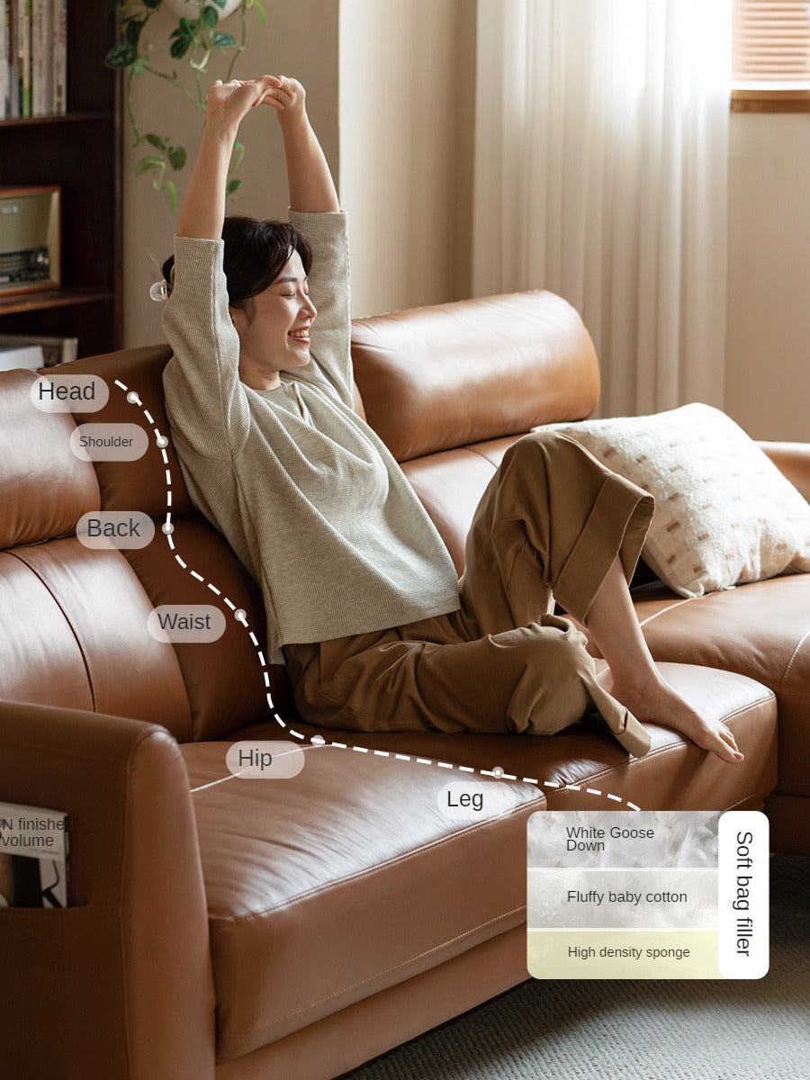 First-layer Yellow Cowhide Leather Sofa Light Luxury Italian Style.