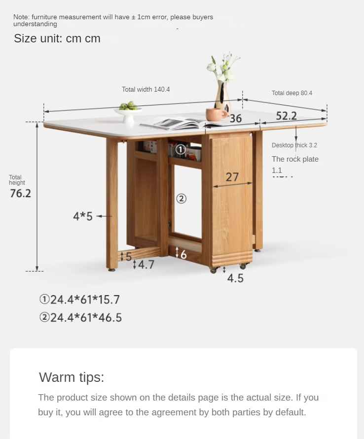 Solid Rubberwood, Oak Solid Wood Modern Rock Slab Folding Dining Table