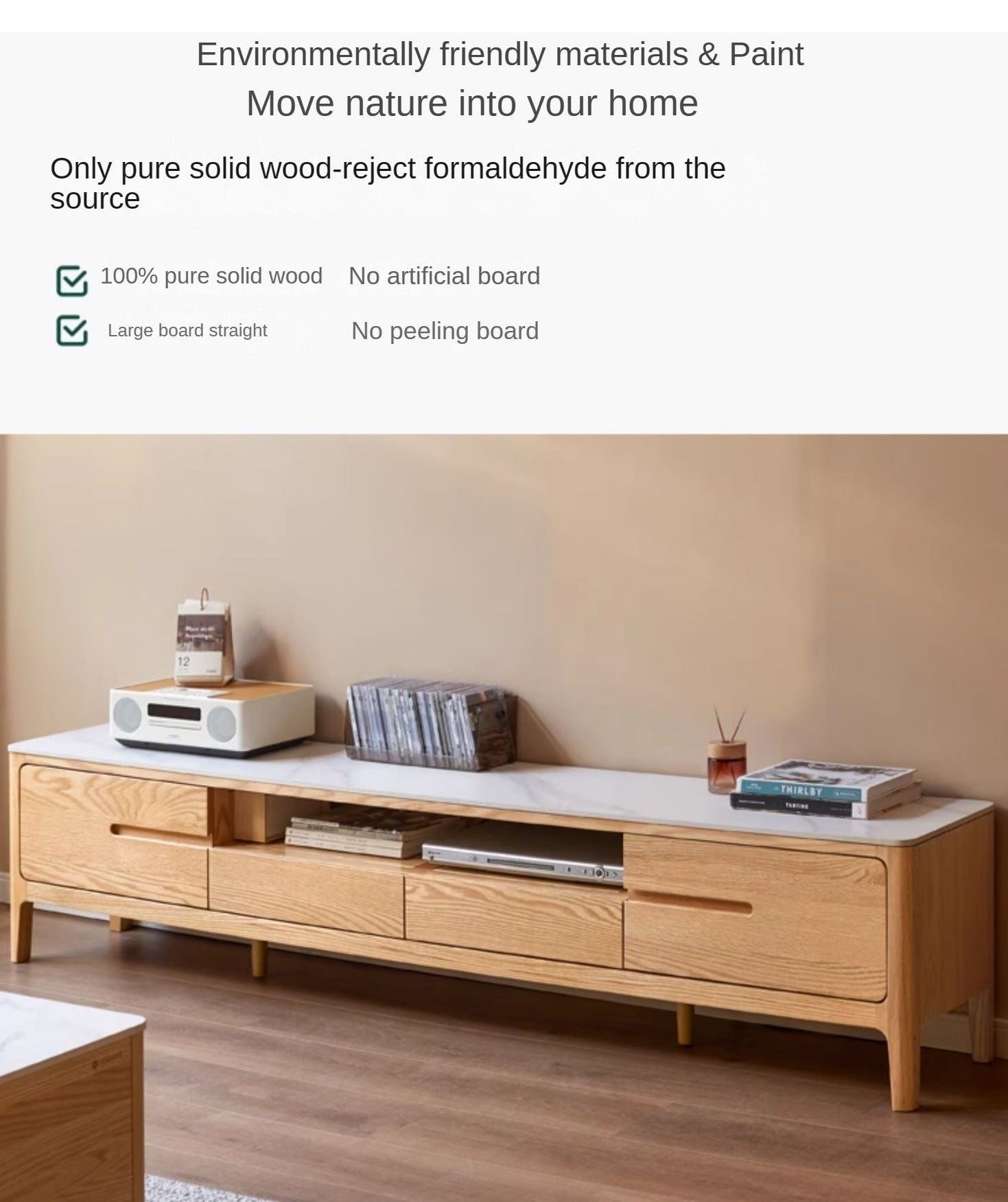 Solid Rubberwood, Oak Solid Wood TV Stand Slate Top.