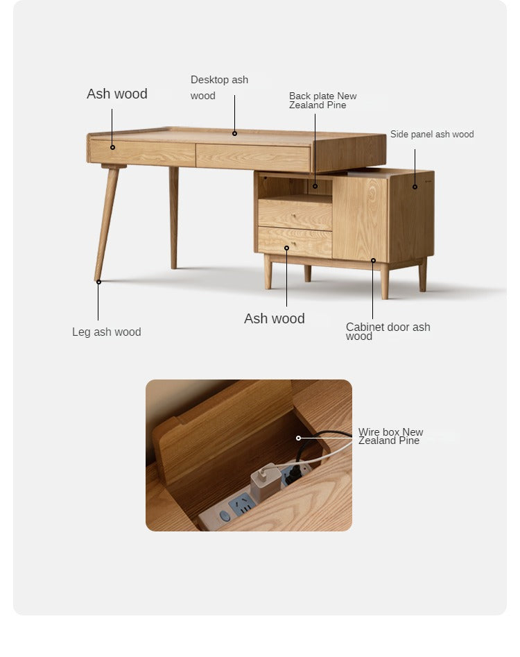 Ash Solid Wood Retractable Desk with Cabinet, Home Office