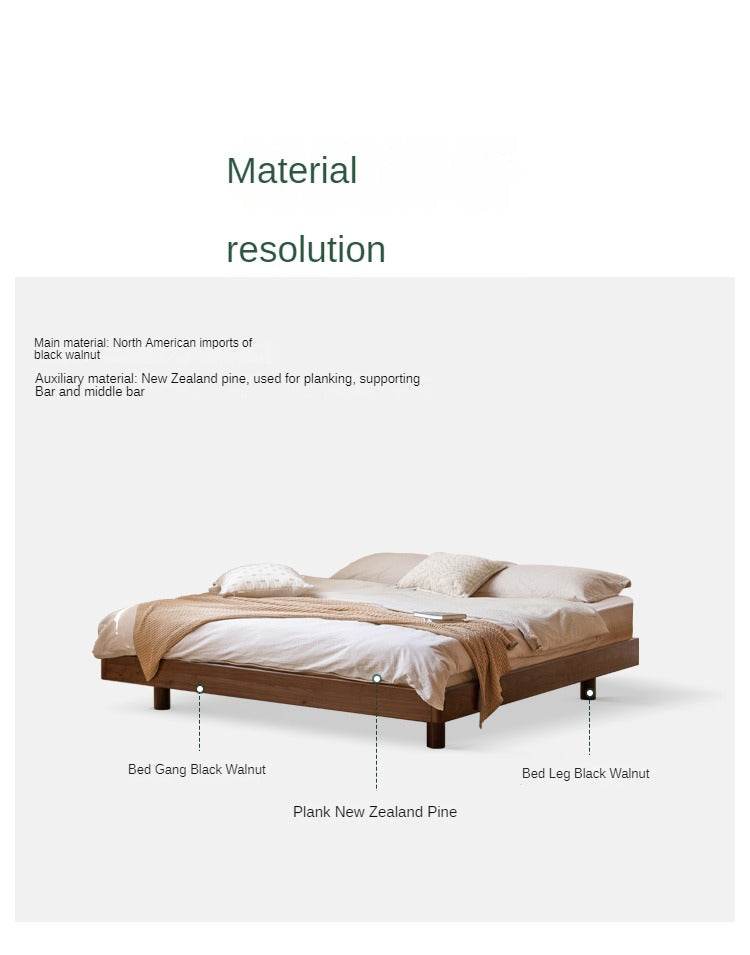 Black walnut solid wood platform bed, headboard-free suspended bed