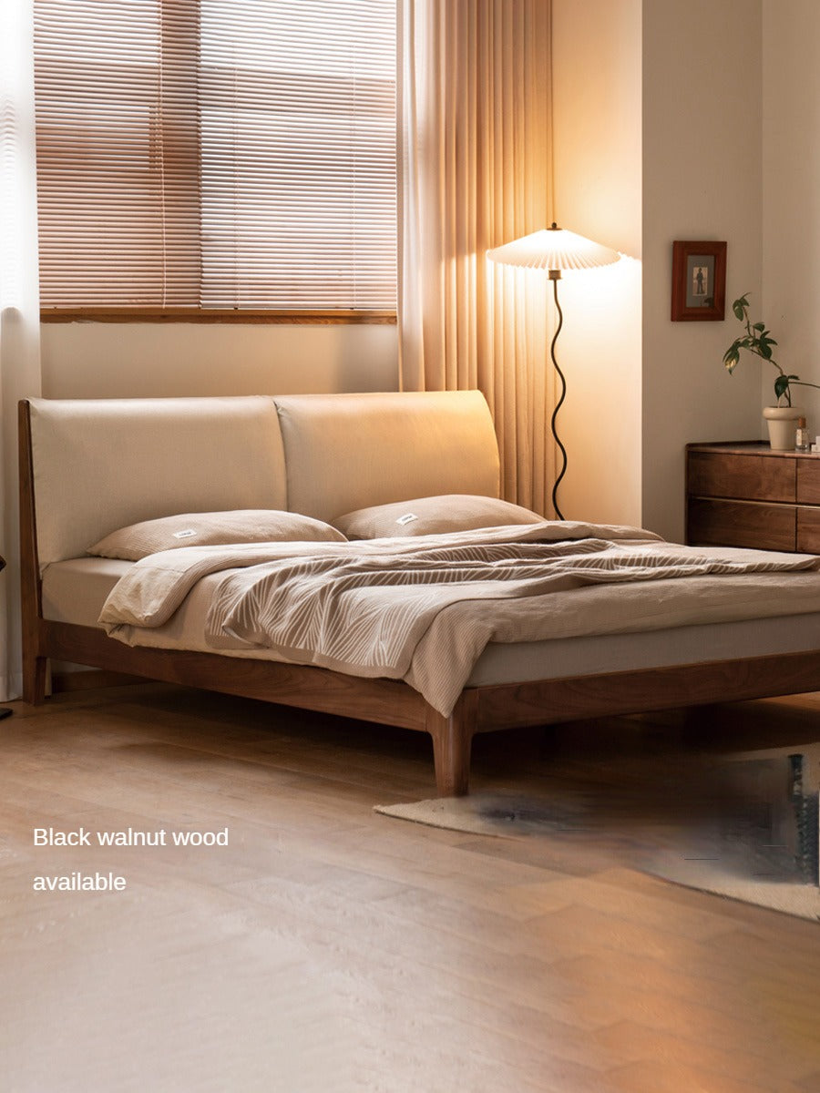 Beech, Oak, Black Walnut Solid Wood Fabric Soft Bed